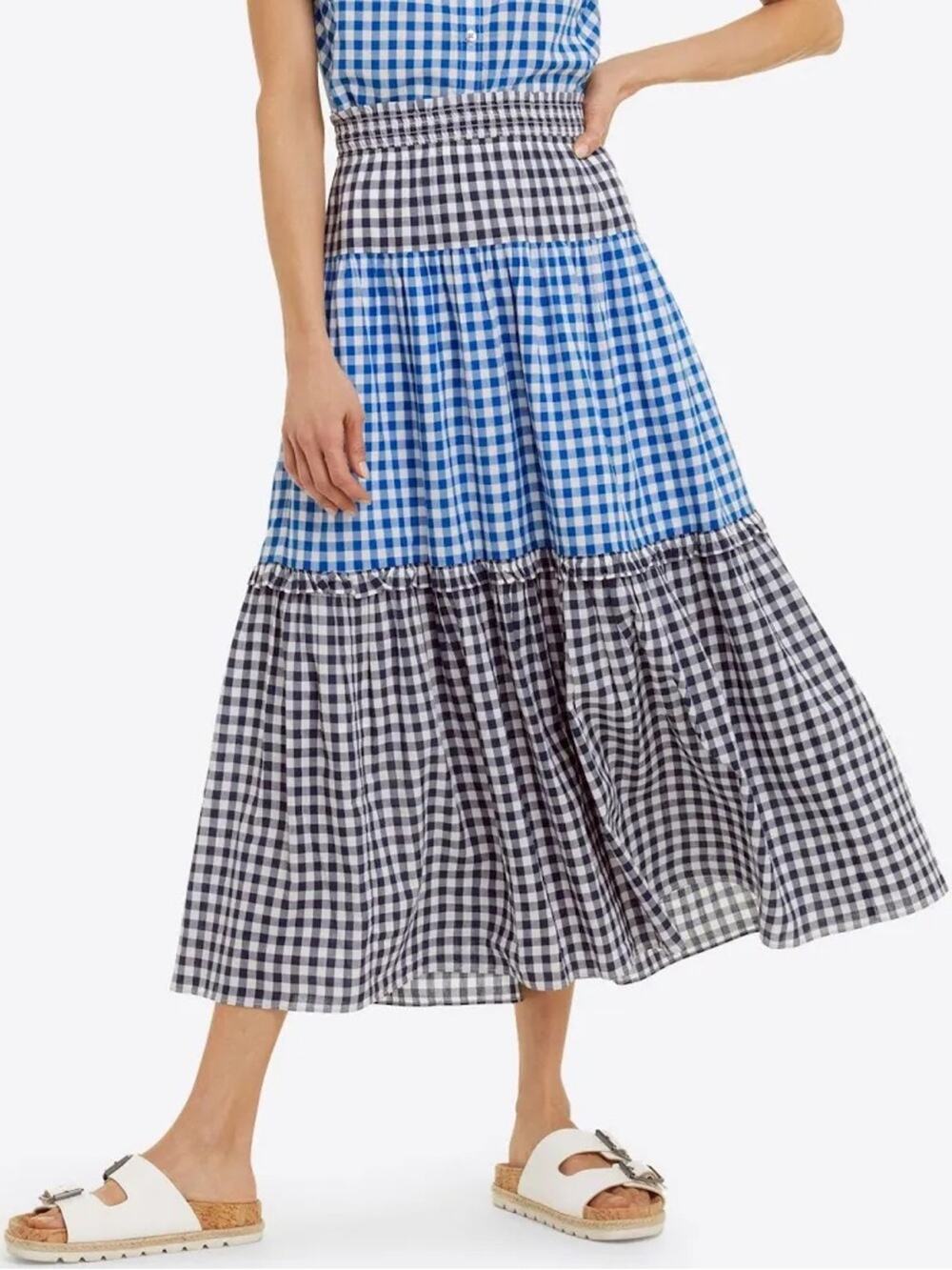 Draper James Blue White Gingham Check Tiered Maxi Skirt XS